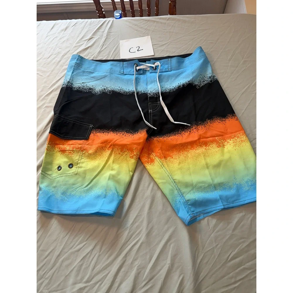 Mens Gradient Spray Paint Board Shorts‎ Blue Orange Yellow Size 36 Swim Trunks